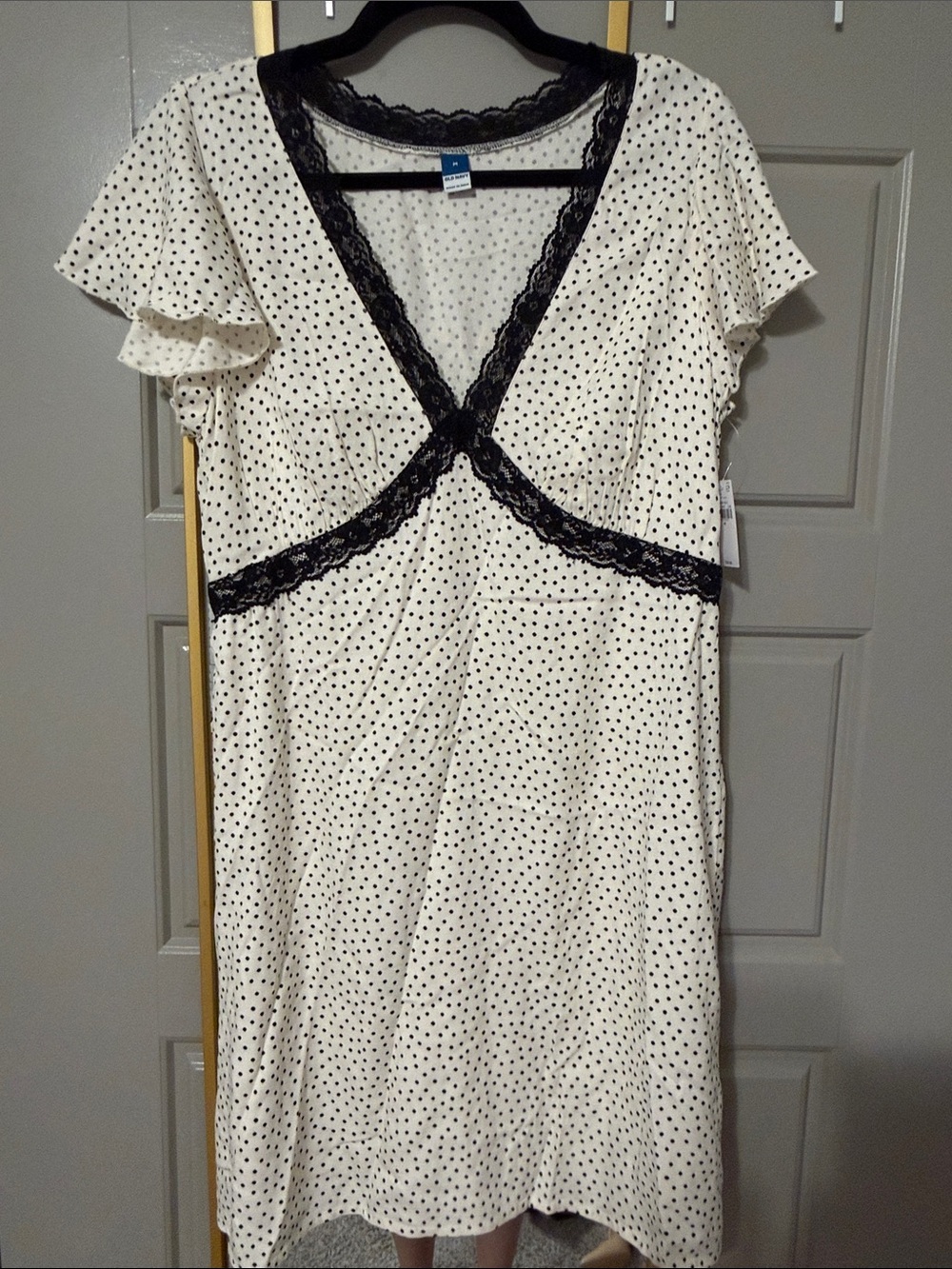 Polka Dot Lace-Trim White Dress with Black Accent